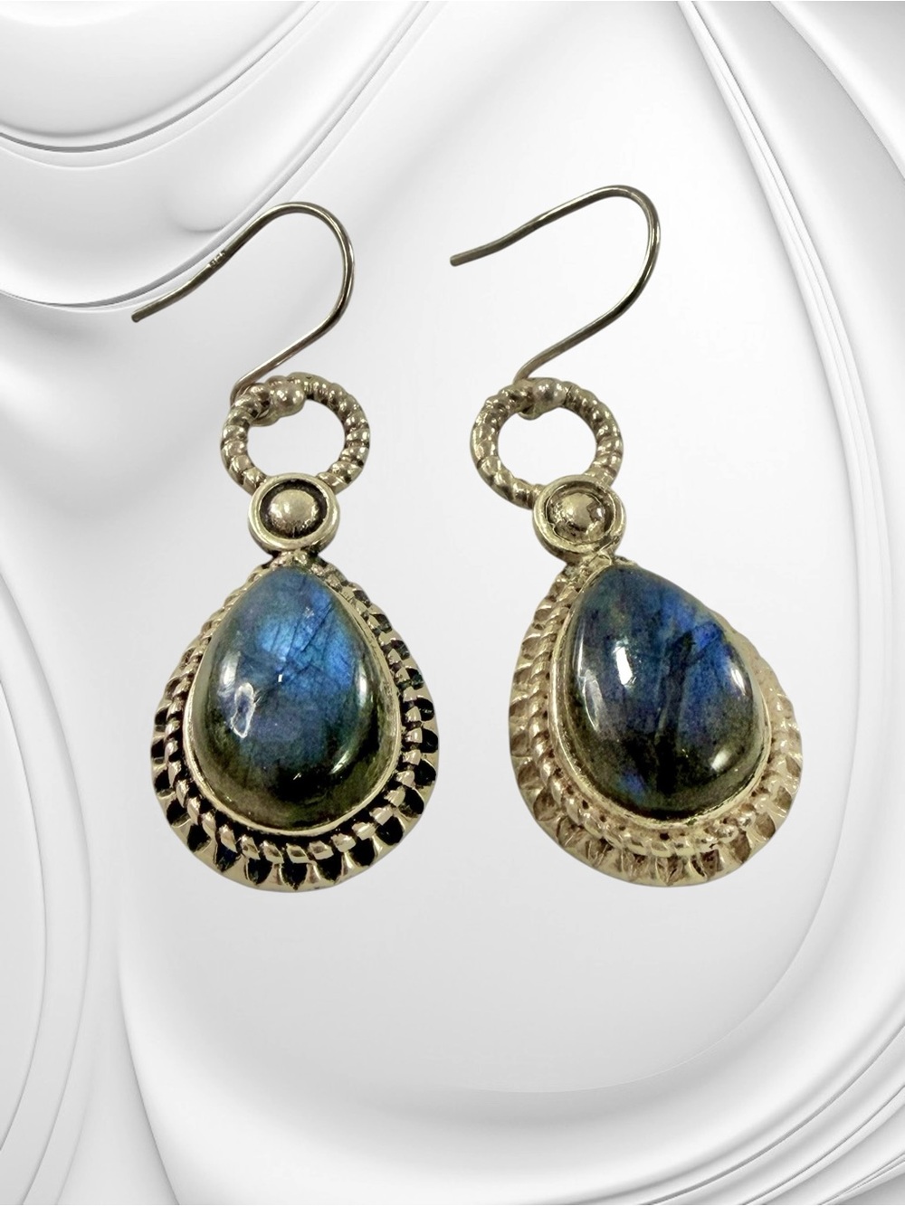 Sterling Silver 925 Labradorite Teardrop Dangle Earrings Twisted Rope READ